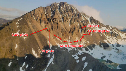 Arrows point to where high-grade gold samples were collected on steep mountain.