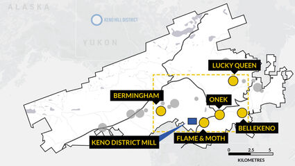 Map showing Alexco Resource's Keno Hill major deposits and mill location.