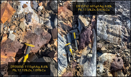 Rock hammers provide context for the highly mineralized outcrop at Gally.