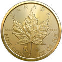 One-ounce gold coin of the Canadian maple leaf with radiating etched lines.