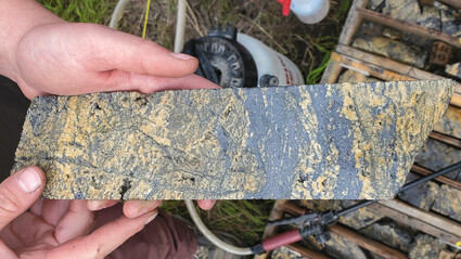 Bands of silver-rich metallic mineralization cuts across dolomite in core.