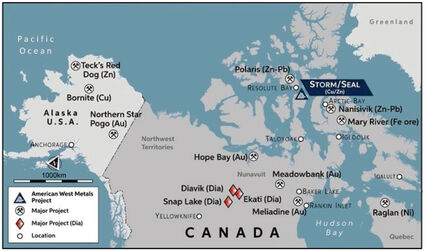 Map showing mines in Alaska and Canada that include Storm Copper and Seal Zinc.