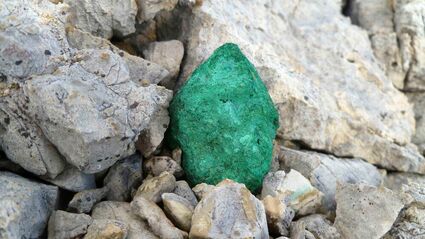 Copper that is green from oxidization found on the surface at the Storm project.