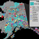A map of the known critical mineral occurrences throughout Alaska.