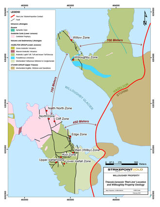 StrikePoint Willoughby Edge 2021 gold copper exploration map, BC, Canada.