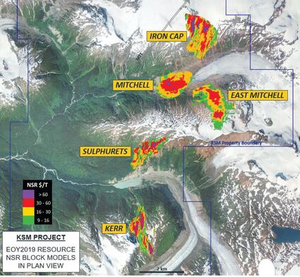A map showing the five deposits at the enormous KSM project in BC.