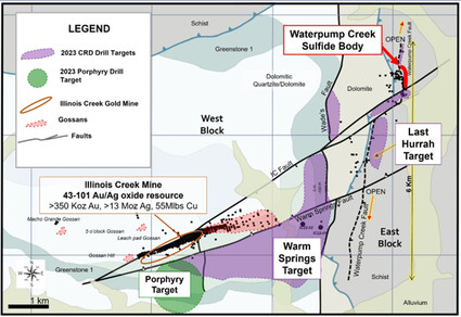 Map of the CRD and porphyry drill targets around historical Illinois Creek mine.