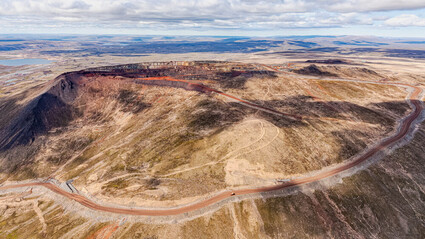 Aerial view of the world-class Mary River iron deposit in Nunavut.