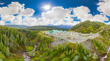 Aerial view of green-roofed buildings at Eskay Creek gold-silver mine project.