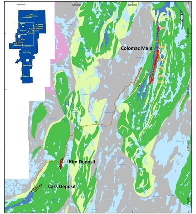 Map of the Colomac Main, Kim and Cass gold deposits on the Indin Lake project.