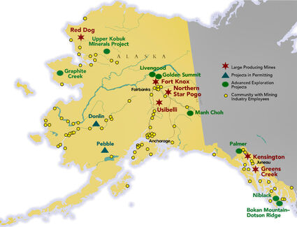 Map showing mines and mineral exploration projects in Alaska.