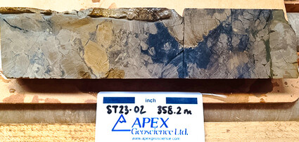 Half drill core showing a large area filled with grey copper mineralization.