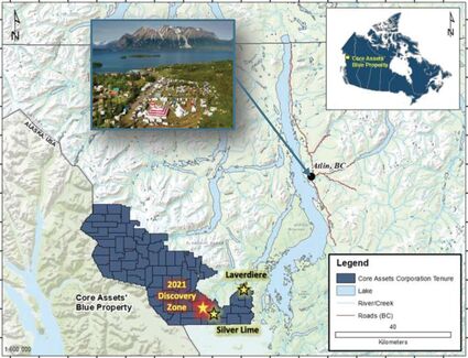 Map showing the location of Core Assets’ Blue property in Northern BC.