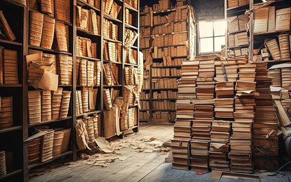 Piles of paperwork collect dust in a dimly lit, rustic storage room.
