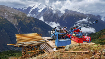 Drill set up on mountain ridge at Seabridge’s KSM gold-copper-silver project.