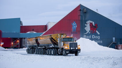Truck hauling concentrates from the Red Dog zinc mine during the winter.