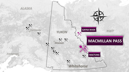 A map showing the breadth of the Yukon with Mactung and Gayna River on it.