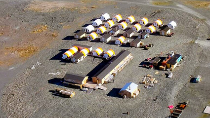 Aerial shot of Nighthawk Gold’s exploration camp in NWT, Canada.