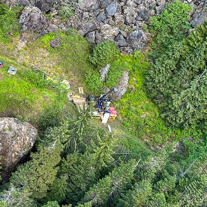 Drone photo looking straight down on a drill testing for silver in Northern BC.
