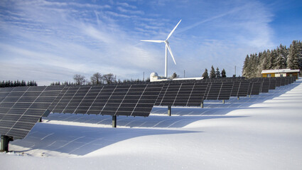 Dozens of solar panels lined out in a snowy field.