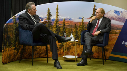 Daniel Yergin and Gov. Dunleavy onstage for a fireside chat on Alaska energy.