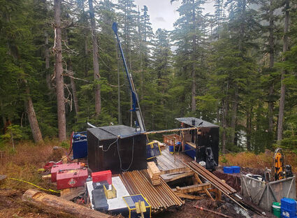 Drill testing silver target in a forested area of Kitsault Valley project in BC.