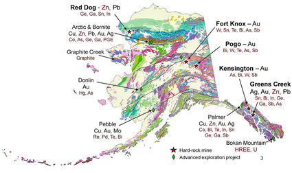 Map of critical minerals at mines and mineral exploration projects in Alaska.