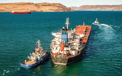 A ship loaded with iron ore mined at Mary River in Nunavut leaves Milne Inlet.