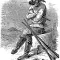 A drawing from 1861 depicting a prospector defending his claim with guns.