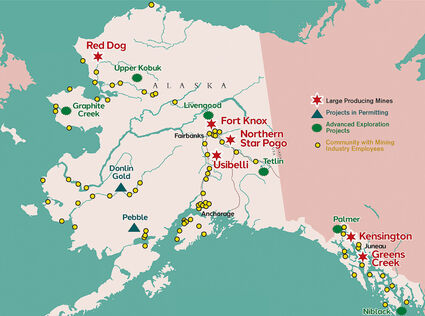 A map showing the major and minor mining projects throughout Alaska.