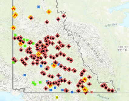 A map of the active fires currently ongoing in the Yukon territory, Canada.