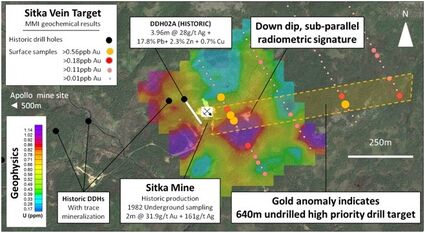 Gold silver exploration drill map historic Sitka mine Unga Island Alaska