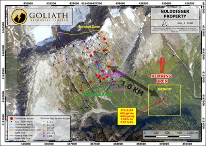 Map of Jackpot gold discovery in relation to Surebet corridor at Golddigger.
