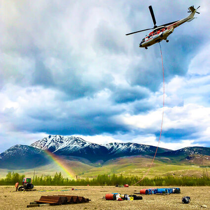Helicopter slings drill to Airstrip gold target ATAC Rackla project Yukon