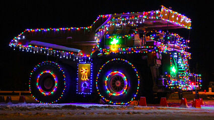 Mining haul truck decked out for the holidays.