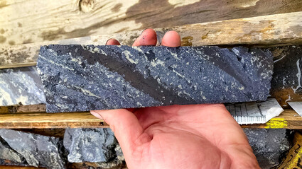 “Zebra-striped” drill core with bands of metallic striations, black rock.