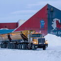 A semi with two trailers leaves the Red Dog zinc mine on NANA land in Alaska.