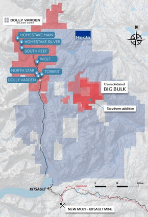 Map showing gold, silver, copper, and molybdenum properties near Kitsault, BC.