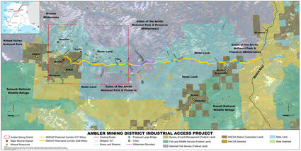 Map showing the route of proposed road to Ambler Mining District in Alaska.