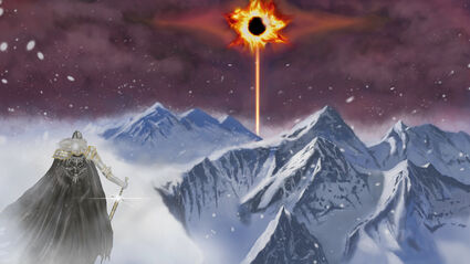 An artistic vision of a Viking under an eclipsed sun over snow-capped mountains.