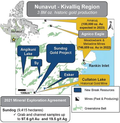 Map of the Sundog, Noomut, Sy, and Angikuni Lake gold properties in Nunavut.