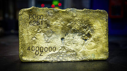 A large gold bar containing the 4 millionth ounce of gold produced at Pogo Mine.
