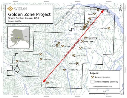 Avidian Gold Golden Zone Alaska Mayflower Breccia Pipe map RC drilling results