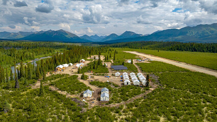 Aerial photo of Snowline Gold’s Forks camp in Yukon, Canada.