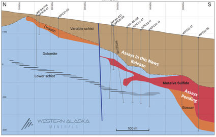 Map showing massive sulfide mineralization drilled so far at Waterpump Creek.