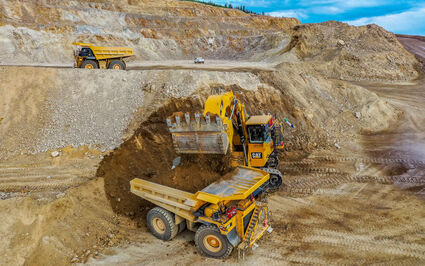 Truck and shovel at Eagle Gold open pit heap leach mine Yukon