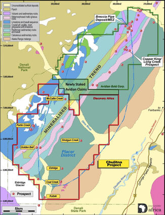 Avidian Gold Discovery Alaska Africa Chulitna Golden Zone stake claims map