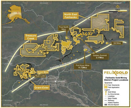 A map of Felix Gold’s exploration properties north of Fairbanks, Alaska.