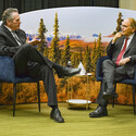 Alaska Gov. Mike Dunleavy and S&P Global Vice Chairman Danial Yergin chatting.