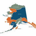 Map of Alaska showing 12 ANCSA regions in orange, blue, and grey.